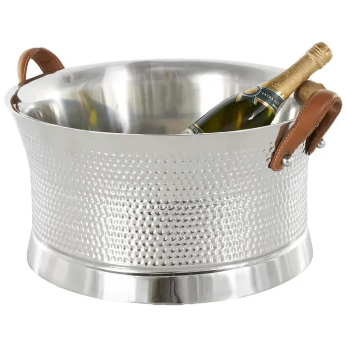 Silver Stainless Steel Metal Hammered Ice Bucket with Brown Leather Handles