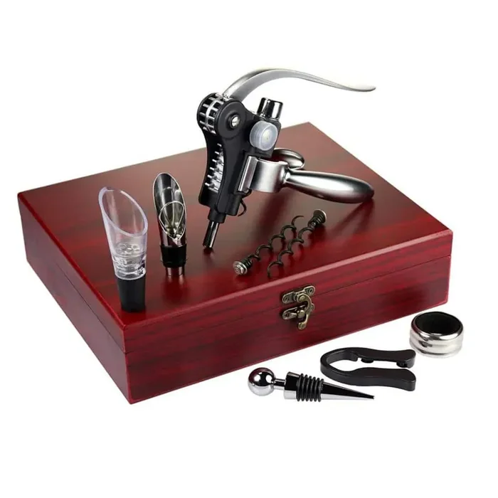 Silver Wine Opener Set with Corkscrew, Foil Knife, Wine Pourer, Bubbler, Collar, Stopper, 2-Extra Screws and Gift Box