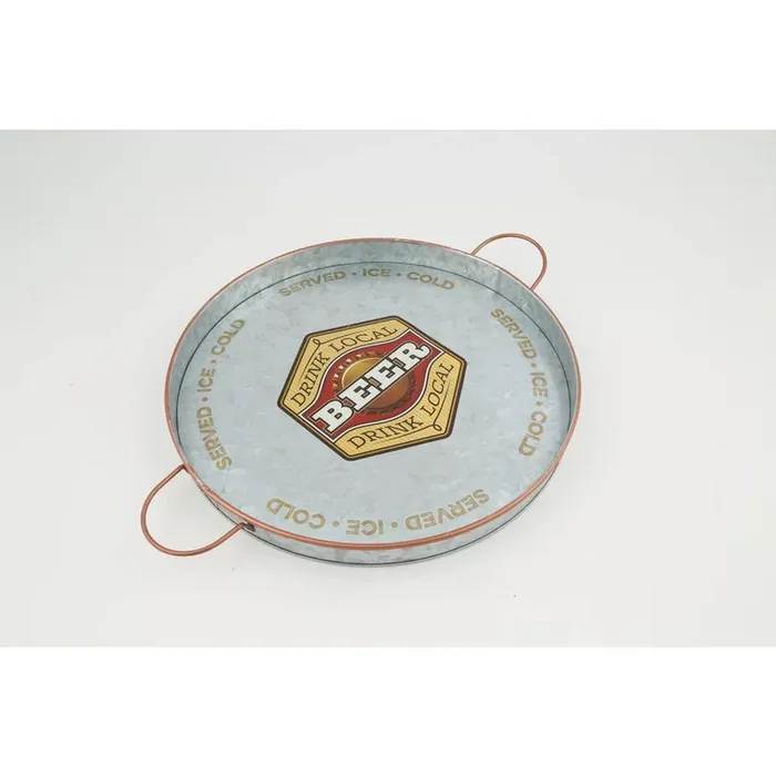 Small Round Galvanized Iron Serving Tray with Handles