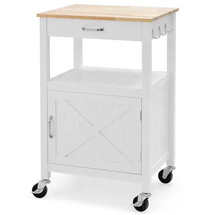 Small White Kitchen Cart Island on Wheels Mobile Trolley Cart Barn Door Drawer Hooks