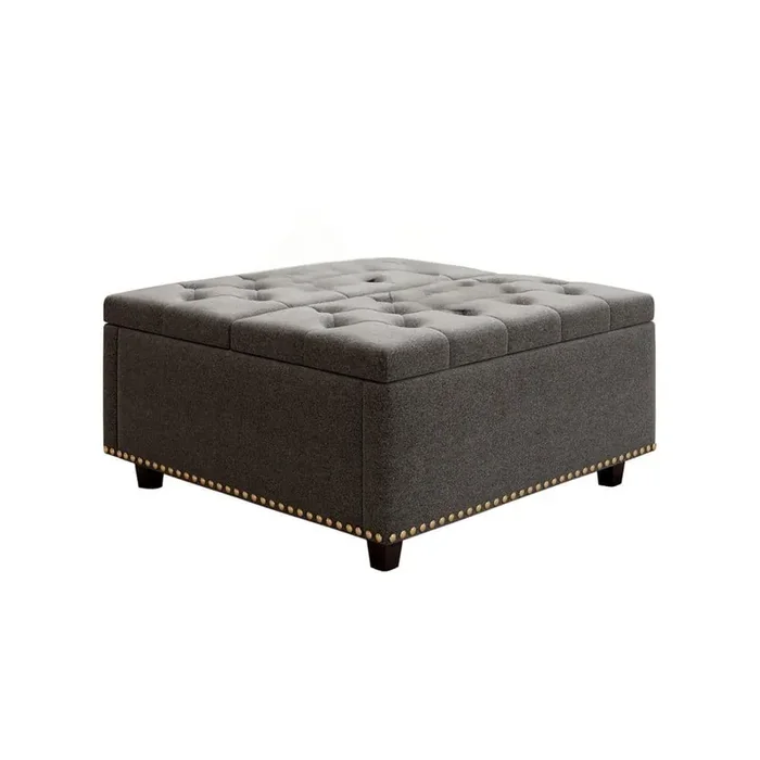 Square Storage Bench, Footstool with 2 Storage Doors, Mid-Century Modern Coffee Table For Living Room in Dark Grey