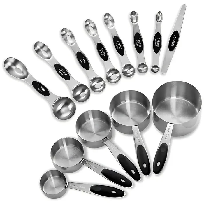 Stainless Steel 13-Piece Black Measuring Cup and Spoon Set with Magnetic Spoons and Nonslip Handles