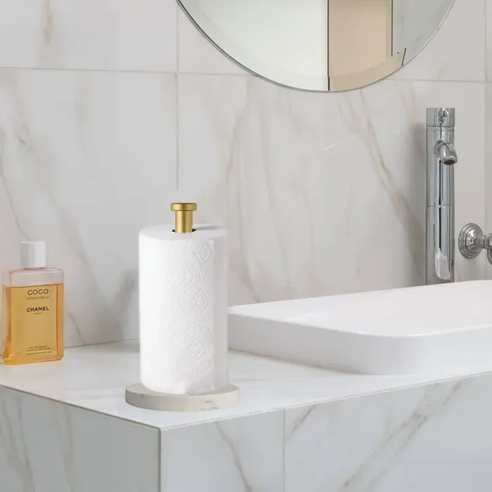 Stainless Steel Kitchen Countertop Gold Paper Towel Holder with Weighted Marble Base, Stand Paper Towel Dispenser