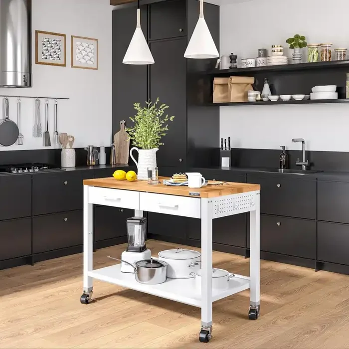 Stainless Steel Rolling Work Center Island Table Kitchen Cart Wood Top Drawers, 48 in. W. x 24 in. D x 36 in. H, White