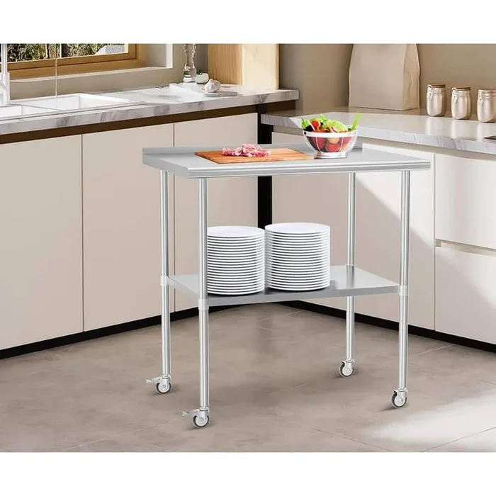 Stainless Steel Table, Metal Prep Table with Adjustable Undershelf Wheels for Commercial Kitchen and Garage in Silver