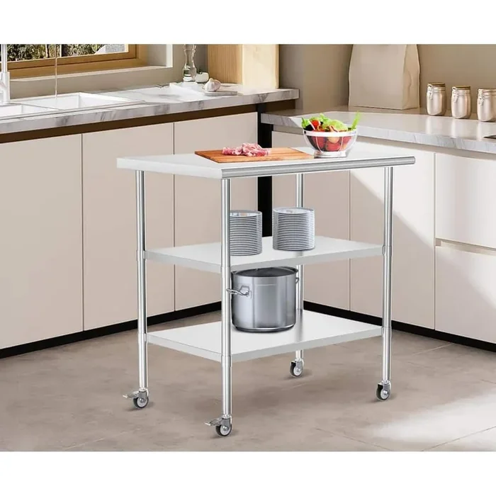 Stainless Steel Table with Wheel Caster, Metal Food Prep Work Table with 2 Adjustable Undershelves for Kitchen-Silver