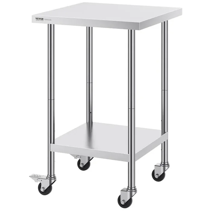Stainless Steel Work Table 24 x 24 x 38 Inch, with 4 Wheels, 3 Adjustable Height Levels