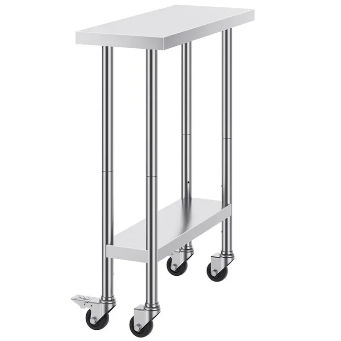 Stainless Steel Work Table 30 in. x 12 in. x 38 in. Food Kitchen Prep Table with 4 Wheels, 3 Adjustable Shelves, Silver