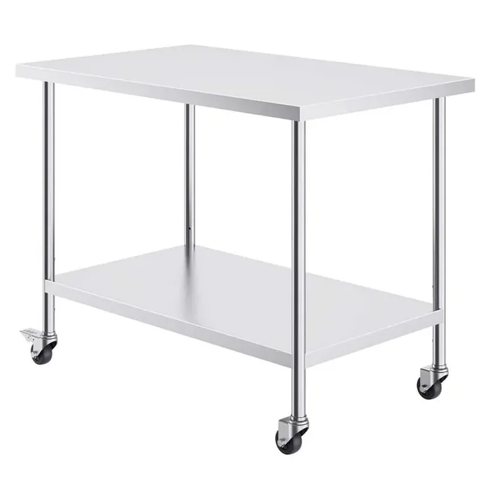 Stainless Steel Work Table 30 x 48 x 38 In., Silver Kitchen Prep Table with 4 Wheels, 3 Adjustable Height Levels
