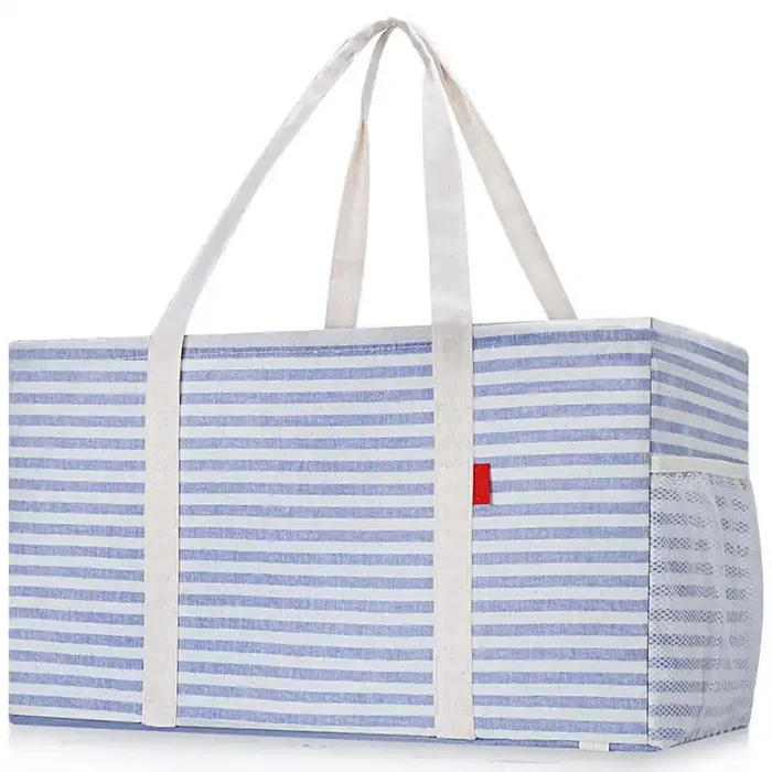 Standing Large Foldable Utility Rectangular Blue Reusable Grocery Bag with Metal Wire Frame and the Sides Rinforced