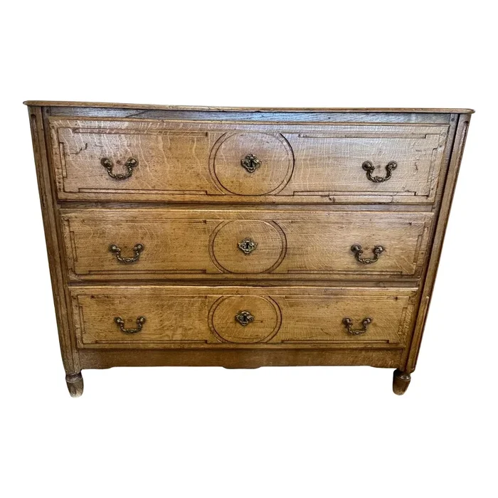 Stately Antique 19th Century French Oak Chest of Drawers With Brass Drawer Pulls