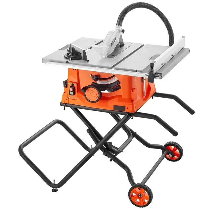 Table Saw with Stand, 10-in. 15-Amp, Max Rip 25-in., Speed to 5000RPM, 40T Blade, Compact Portable Jobsite Saw