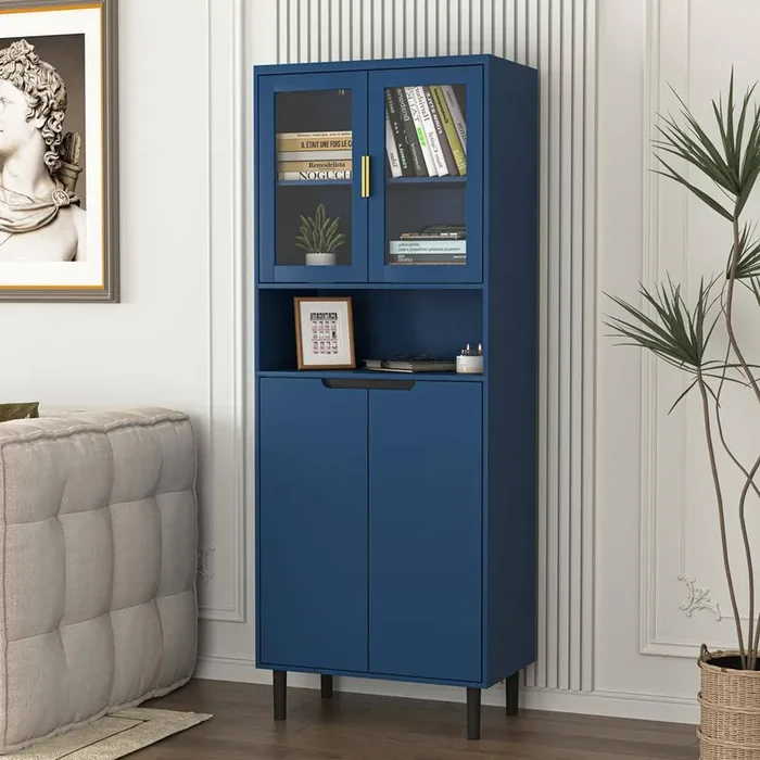 Tempered Glass Door Tall Storage Bookcase with adjustable board, MDF painting finished cabinet for Kitchen in Blue