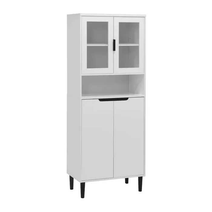 Tempered Glass Door Tall Storage Bookcase with adjustable board, MDF painting finished cabinet for Kitchen in White