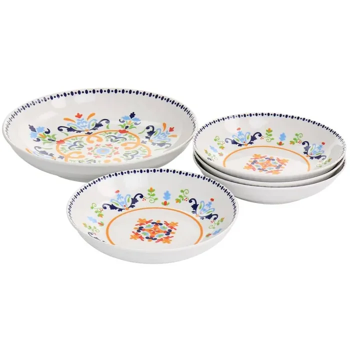 Tijuana 5 Piece Fine Ceramic Pasta Bowl Set in White and Multi-Color