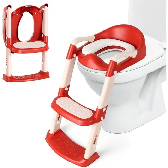 Toddler Round Toilet Seat 23.2 in with Step Stool Foldable Potty Training Seat in Red White
