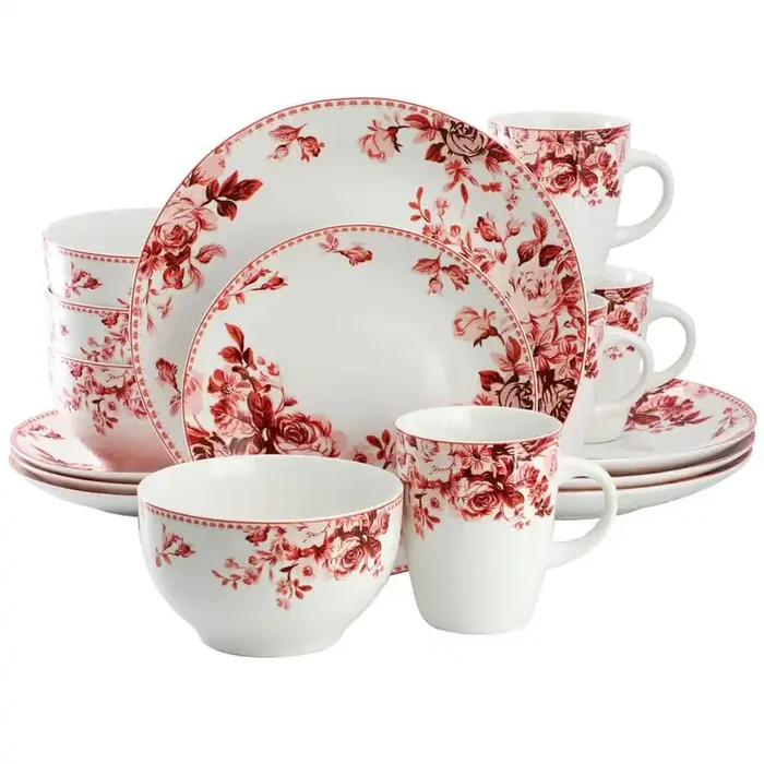 Traditional Rose 16 Piece Red Stoneware Dinnerware Set, Service For 4