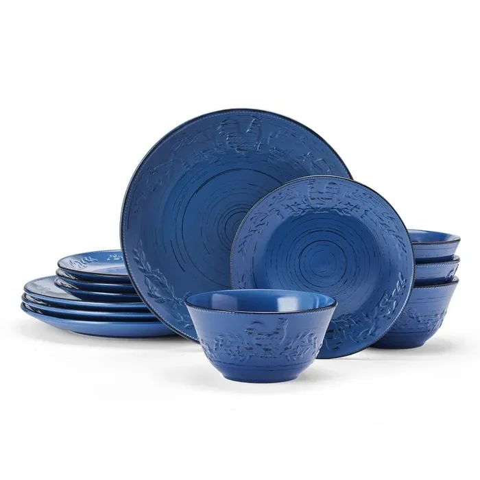 Trellis Rooster 12-pc Stoneware Dinnerware Set, Blue, Service for 4