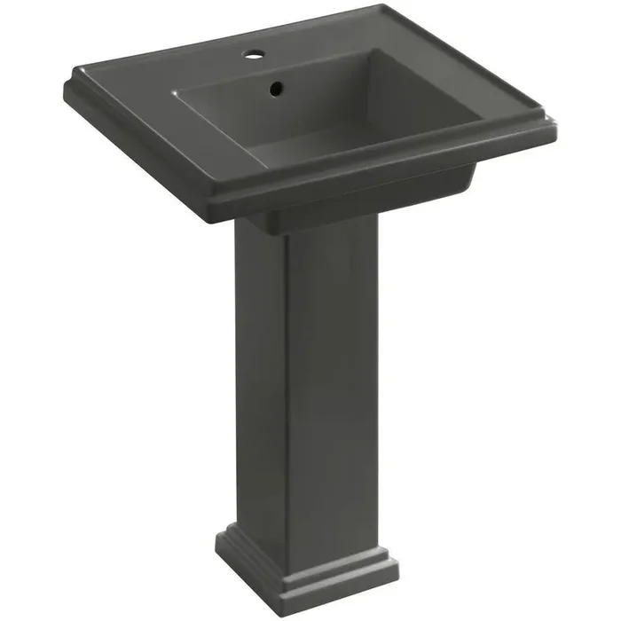 Tresham Ceramic Pedestal Combo Bathroom Sink with Single-Hole Faucet Drilling in Thunder Grey with Overflow Drain
