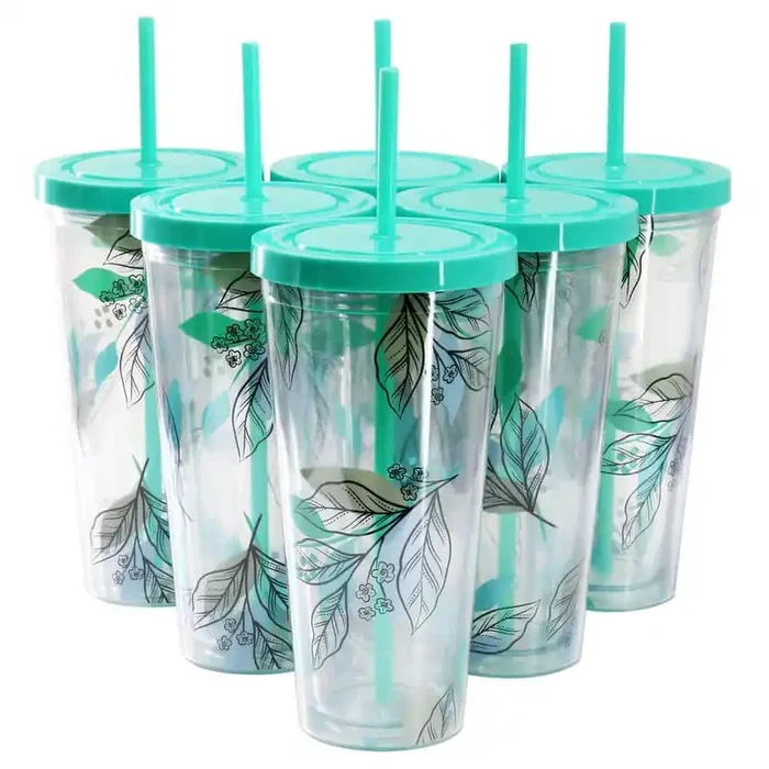 Tropical Sway Vineyard 6-Piece 24 oz. Double Wall Plastic Tumbler Set with Lid and Straw in Teal