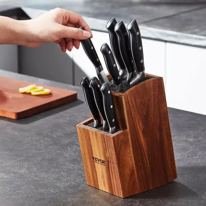 Universal Knife Holder 2-Knife Storage Stand Acacia Wood Knife Block with PP Brush Wooden Knife Organizer