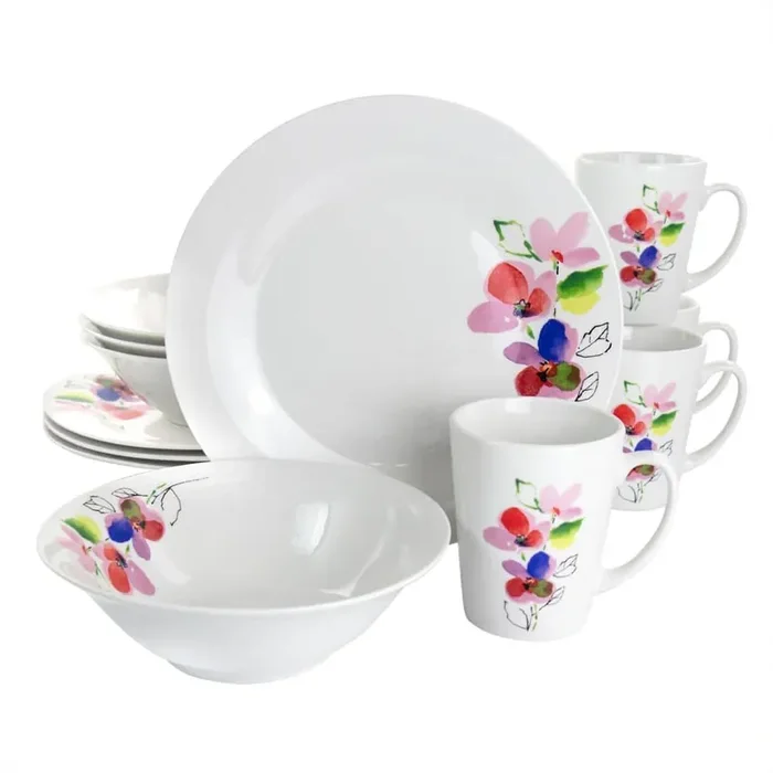 Vineyard Rose 12 Piece Round Fine Ceramic Dinnerware Service Set For 4 in White