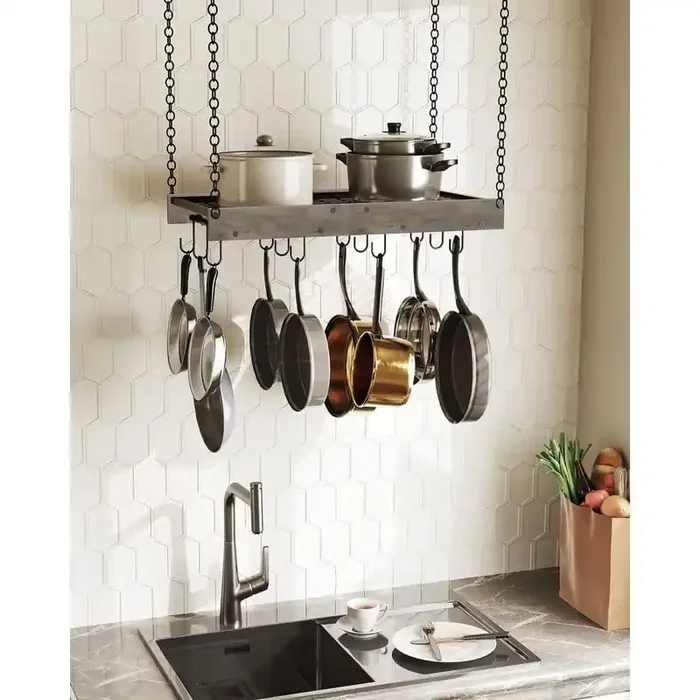 Vintage Ceiling Mounted Greige Pot Rack, Pot and Pan Hanging Rack with 12 S-Shaped Hooks, for Cookware Storage