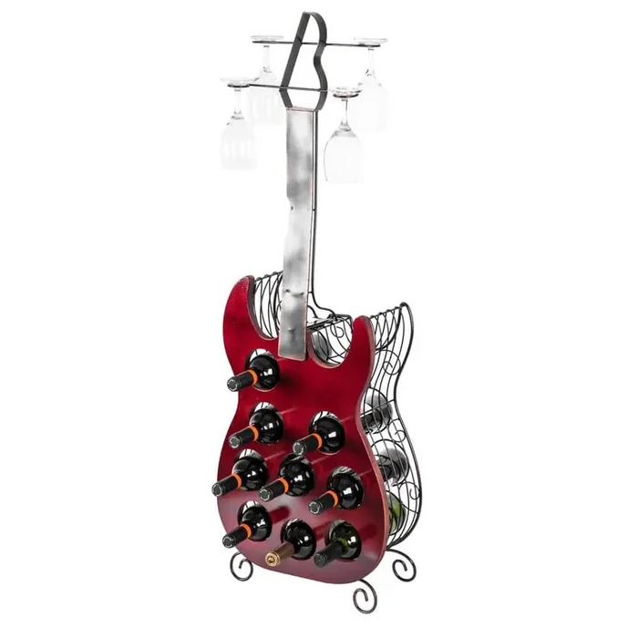 Vintage Wood and Metal Guitar Shaped 9-Bottle Freestanding Decorative Wine Holder