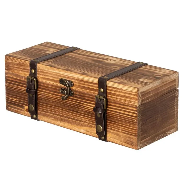 Vintage Wooden Wine Gift Box Rustic Single-Bottle Holder Wine Rack with Locking Latch and Decorative Faux Leather Straps