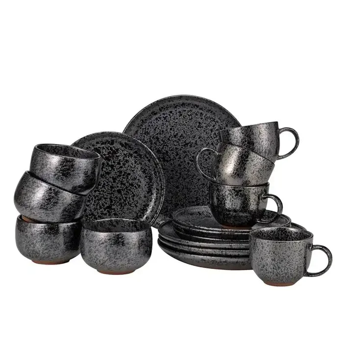 Volcanic 16-Piece Casual Black Stoneware Dinnerware Set (Service for 4)