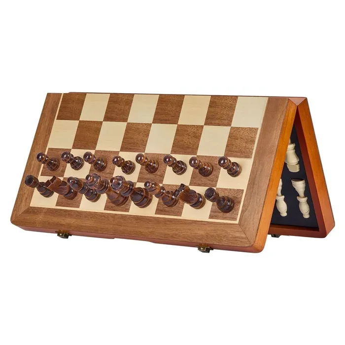 Walnut Finish Wooden Chess Set – Magnetic, Portable, with Checkers