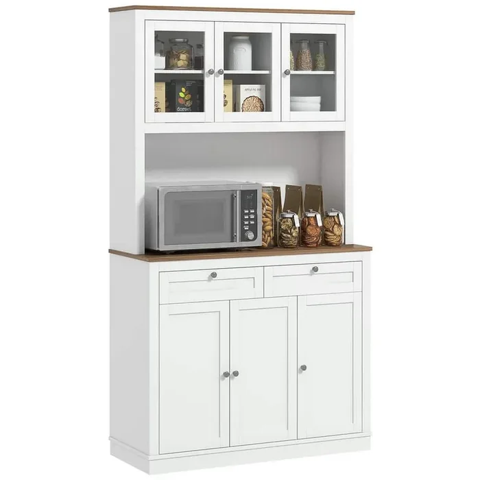 White 71 in. Tall 2-Drawers 5-Doors Kitchen Pantry Storage Cabinet with Microwave Stand, Adjustable Shelves Glass Doors