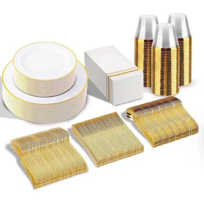 White and Gold Disposable Dinnerware Set – 350-Pieces for 50-Guests