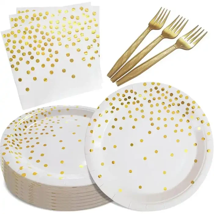 White and Gold Disposable Paper Plates and Napkins Set for 35 Guests