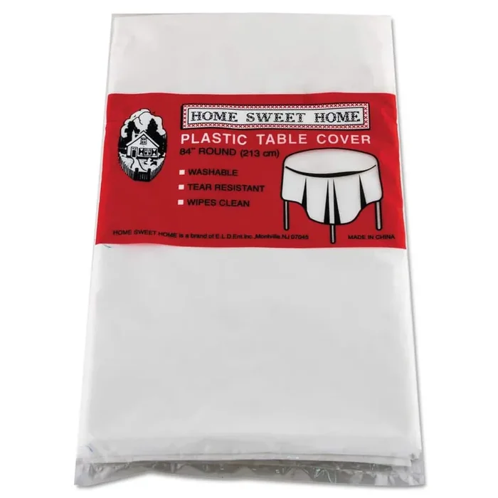 White Disposable Plastic Table Set Round Table Covers, 84 in. Diameter (6 Per Pack)
