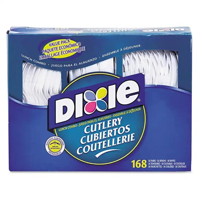White Disposable Plastic Utensils, Combo Pack with Tray, 56 Forks/56 Knives/56 Spoons