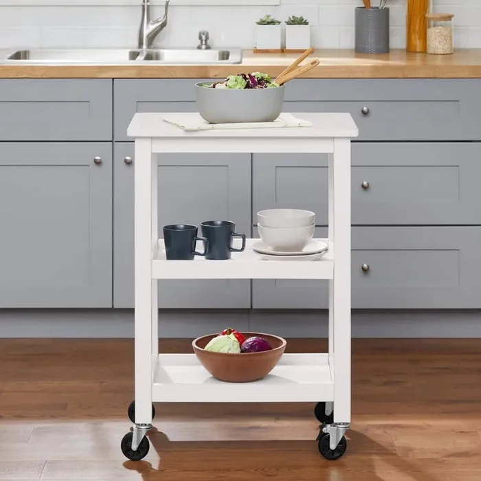White Multi-Purpose Wooden Kitchen or Microwave Cart with 3 Storage Shelves (23″ W)