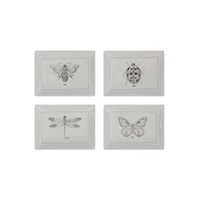 White Rectangle Ceramic Dishes with Insect Images (Set of 4)