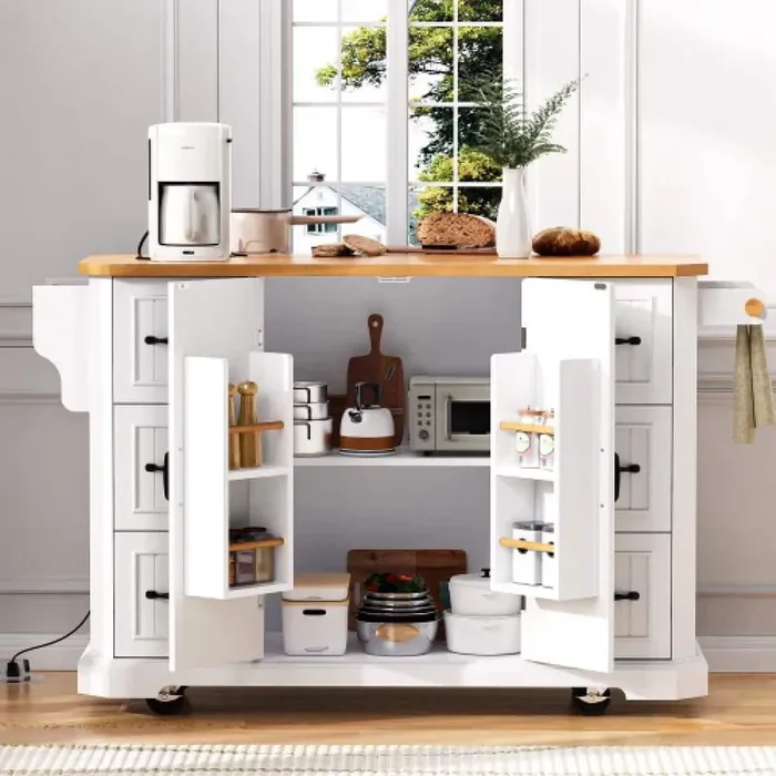 White Rubber Wood 56 in. W Kitchen Island on 4-Wheels with 6-Deep Drawers, Power Outlet