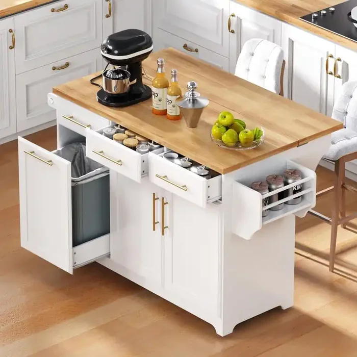 White Rubber Wood 59.3 in. W Kitchen Island with Trash Can Storage, Power Outlet, Spice and Towel Rack for Kitchen