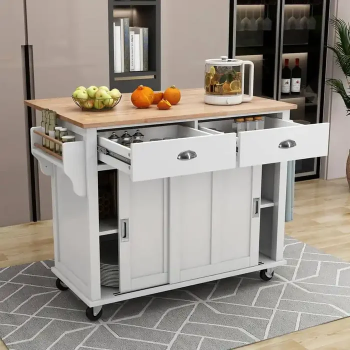 White Rubber Wood Flodable Drop-Leaf Countertop 52.2 in. W Kitchen Island with Concealed Sliding Barn Door, Drawers