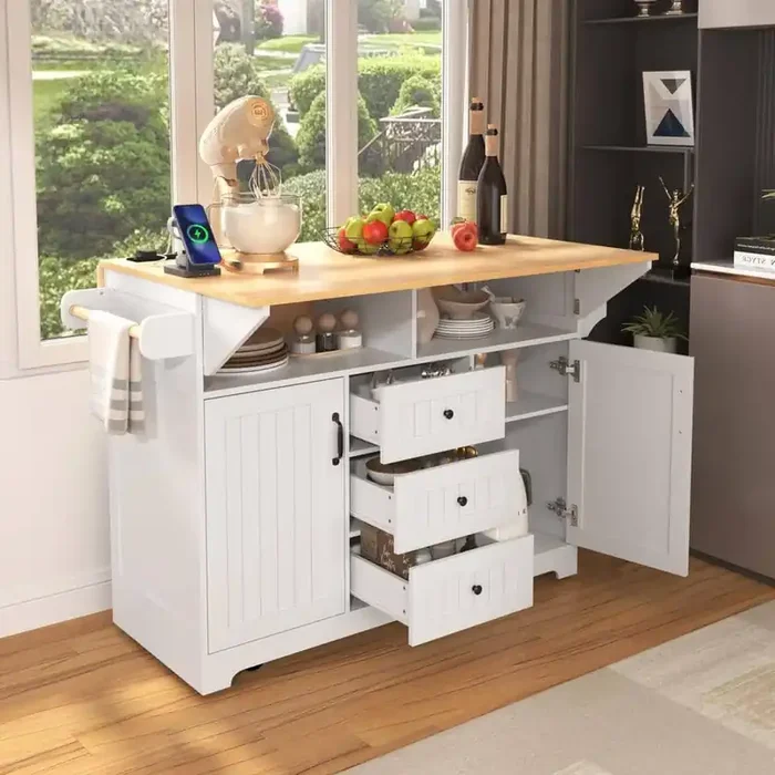 White Rubber wood Kitchen Cart with 2 Drop Leaf and Power Outlet