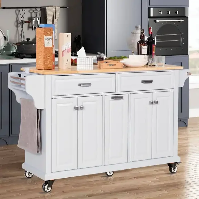 White Rubber Wood Kitchen Cart with 4-Door Cabinet, Three Drawers, Spice Rack and Towel Rack