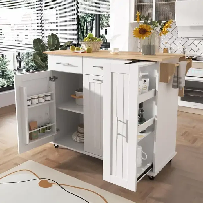 White Rubber Wood Kitchen Cart with Drop Leaf and 3 Tier Pull Out Cabinet Organize