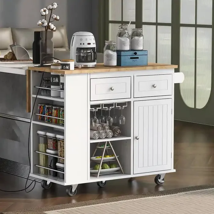 White Rubber Wood Kitchen Cart with Drop-Leaf and Power Outlet