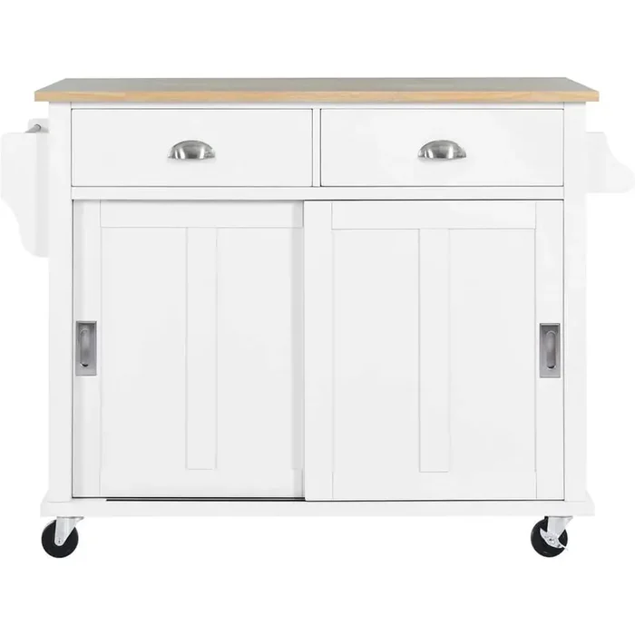 White Rubber Wood Kitchen Cart with Drop-Leaf and Towel Rack