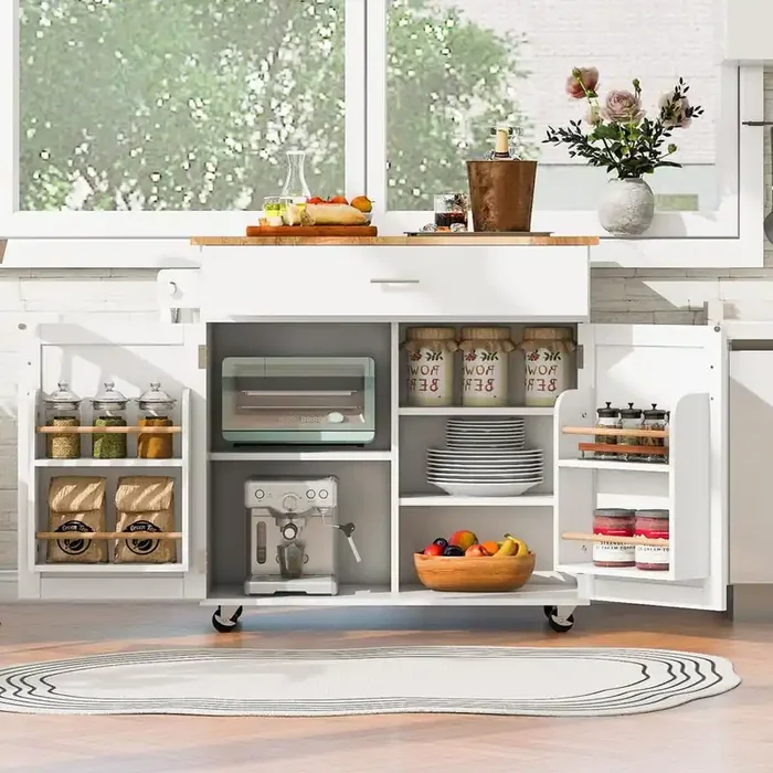 White Rubber Wood Kitchen Cart with Drop Leaf and Towel Rack