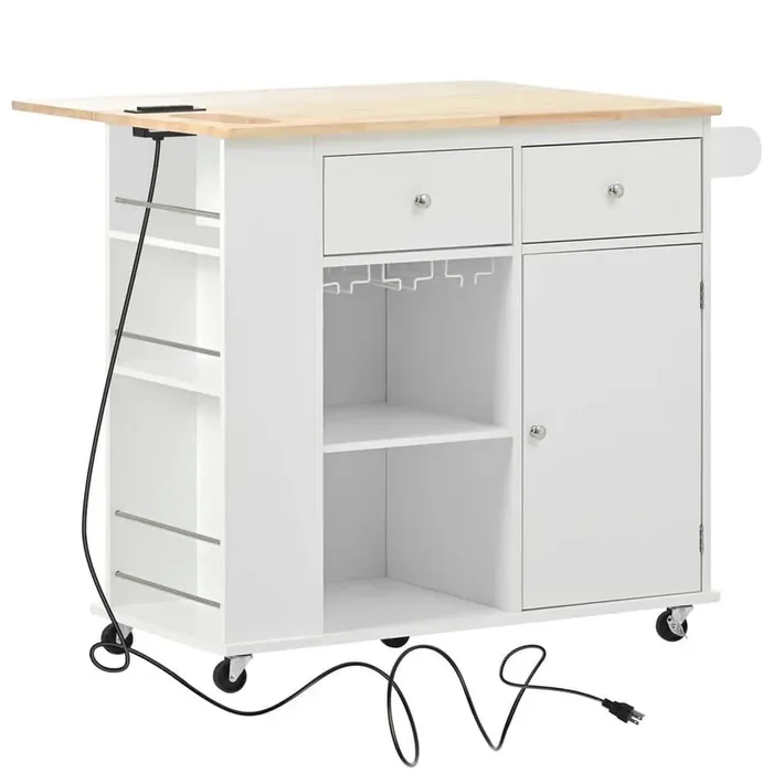 White Rubber Wood Kitchen Cart with Drop-Leaf, Power Outlet, 5-Wheels, Open Storage and Wine Rack