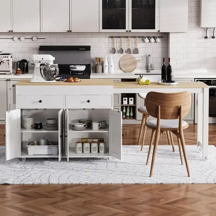 White Rubber Wood Kitchen Cart with Extendable Dining Table and Towel Rack