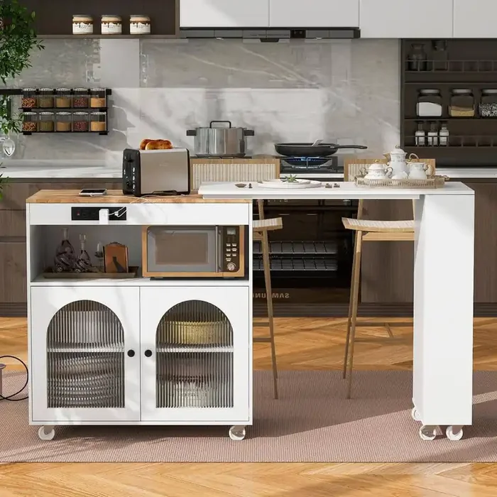 White Rubber wood Kitchen Cart with Extended Table and Power Outlet